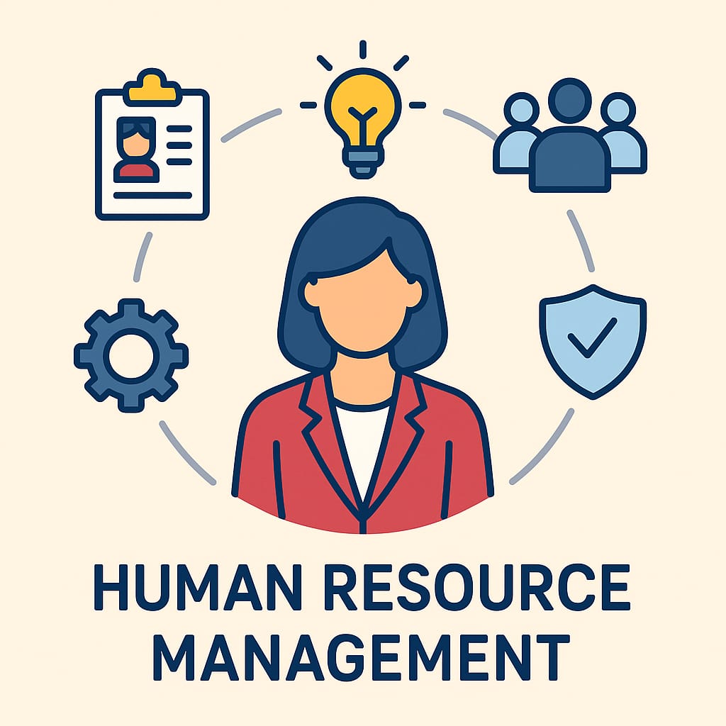 "Human Resource Management concept with female HR manager and icons for recruitment, employee management, teamwork, innovation, and security"